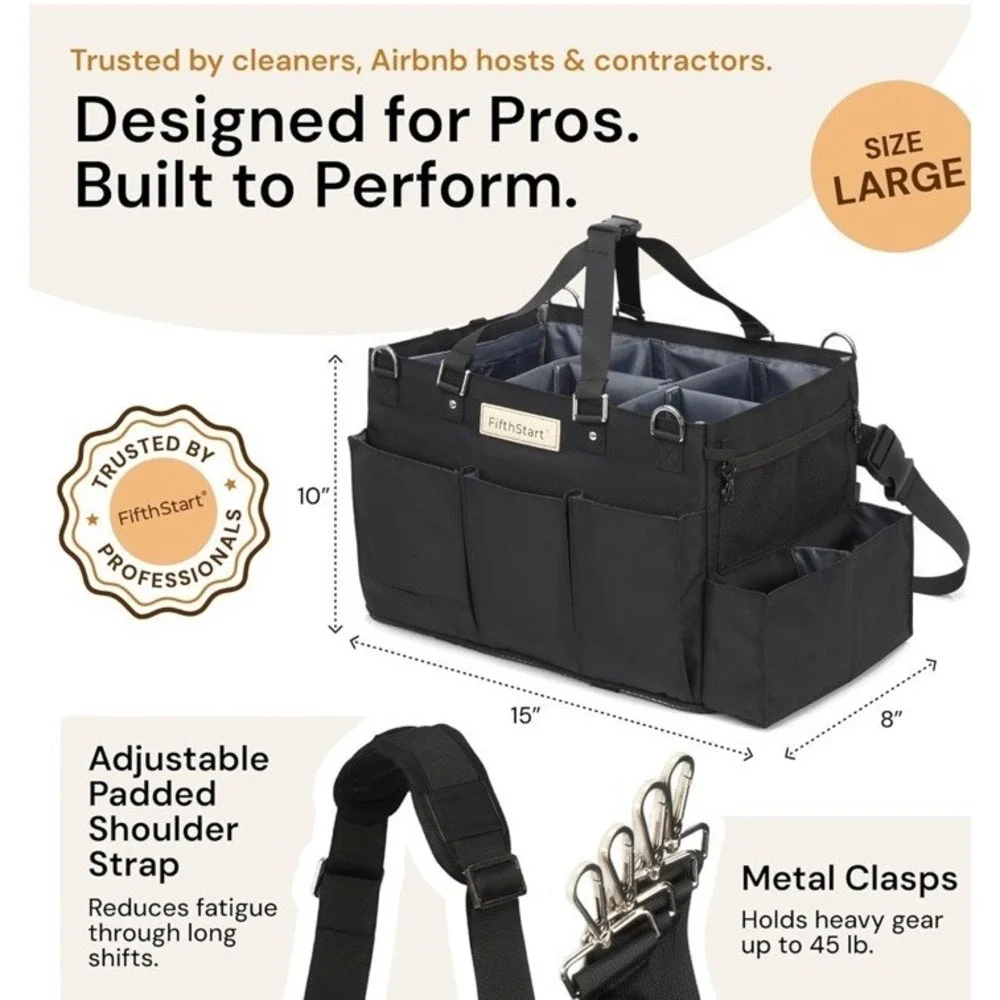FifthStart Large Cleaning Supplies Organizer Tote & Caddy, Black Nylon